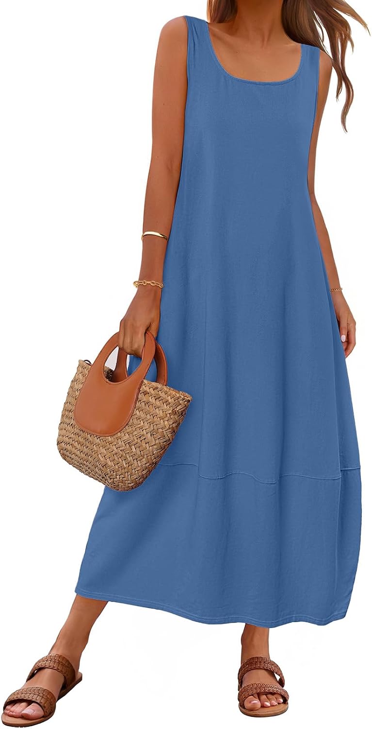 MEROKEETY Women's Summer Sleeveless Maxi Dress Beach Sundress | Casual Scoop Neck Tank Dress, Cotton, Boho Vacation, Loose Fit, Side Pockets, A-Line, Floral Long Dress, Spring Outfits