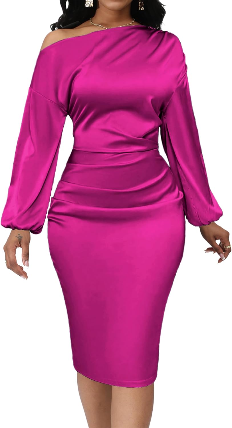 Yiershu Women's Fall Off Shoulder Bodycon Dress Elegant Long Sleeve | Formal Cocktail Party Midi Maxi Dresses for Women Weekend Holiday Club Wedding