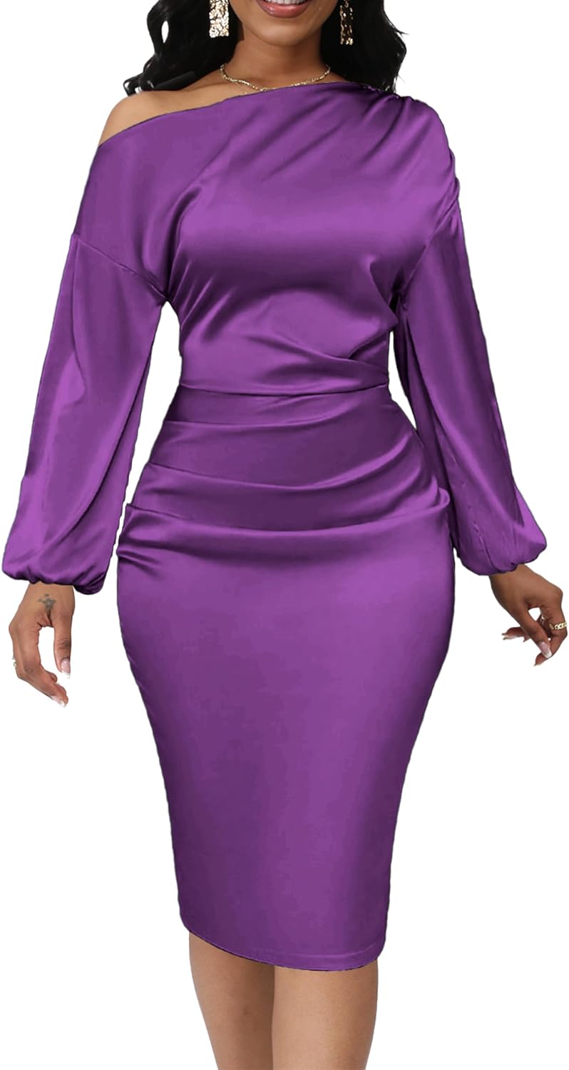 Yiershu Women's Fall Off Shoulder Bodycon Dress Elegant Long Sleeve | Formal Cocktail Party Midi Maxi Dresses for Women Weekend Holiday Club Wedding