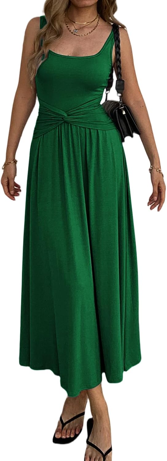 Mieazom Women's Summer Mock Knot Front Maxi Dress Sleeveless Square Neck Corset Ruched Waist Emipre Flowly Casual Dresses