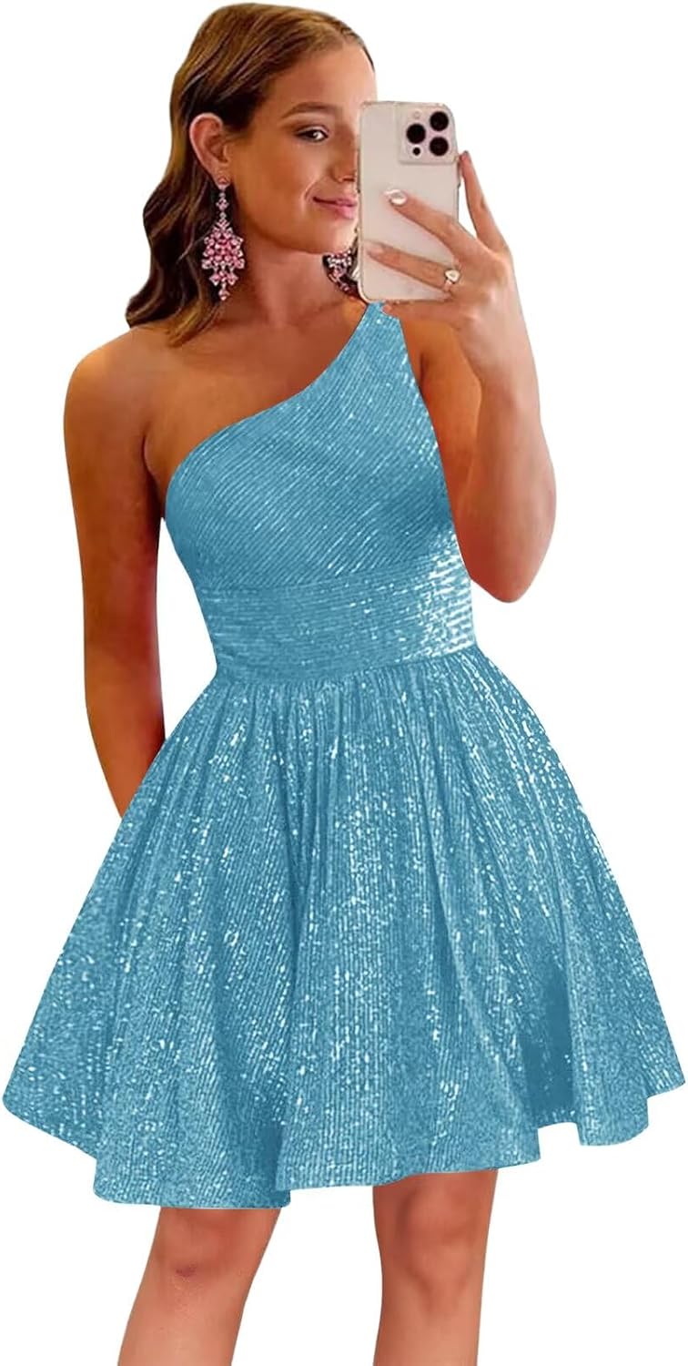 MstinGcc One Shoulder Sequin Sparkly Short Homecoming Dress for Teens 2026 | Glitter HOCO Dresses for Womens A-Line Prom Cocktail Party Dress Backless Sleeveless Corset Mini Gowns