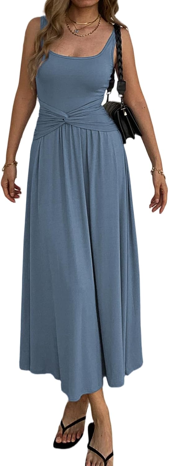 Mieazom Women's Summer Mock Knot Front Maxi Dress Sleeveless Square Neck Corset Ruched Waist Emipre Flowly Casual Dresses