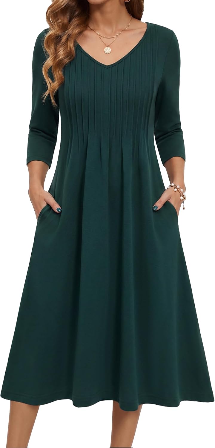 Zeagoo 3\/4 Sleeve Women's Dress Pleated Midi Casual Dresses with Pockets | For A More Flattering Fit, We Recommend Choosing One Size Smaller And Pairing It With Your Own Belt For Decoration.