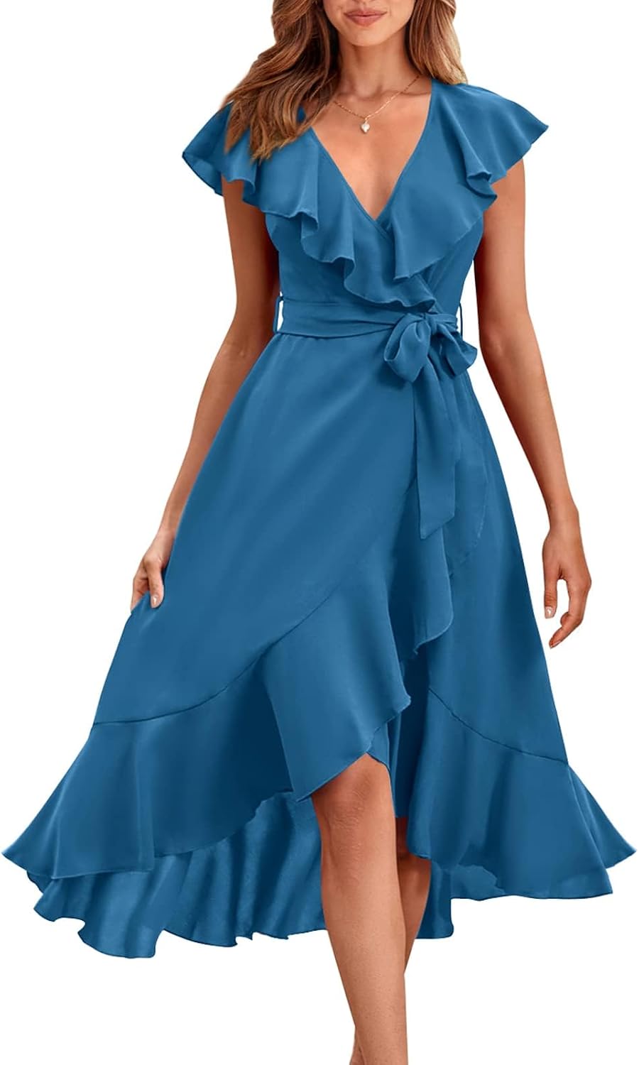 RETTYGARDEN Women's 2026 Summer Cross Midi Dress Casual Boho Deep V Neck Short Sleeve Ruffle Hem Split Beach Long Dresses