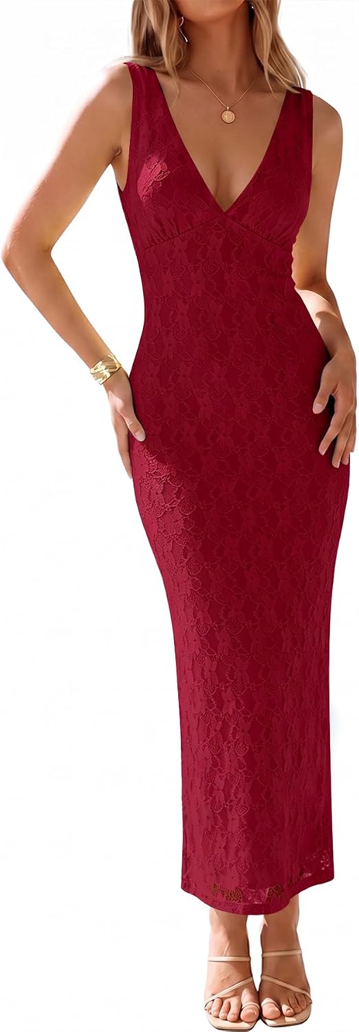 Muchpow Womens Sexy V Neck Bodycon Cocktail Lace Maxi Dress | Lined, Flattering Elegant Formal Mesh Sleeveless Wedding Guest Homecoming Party Long Dresses