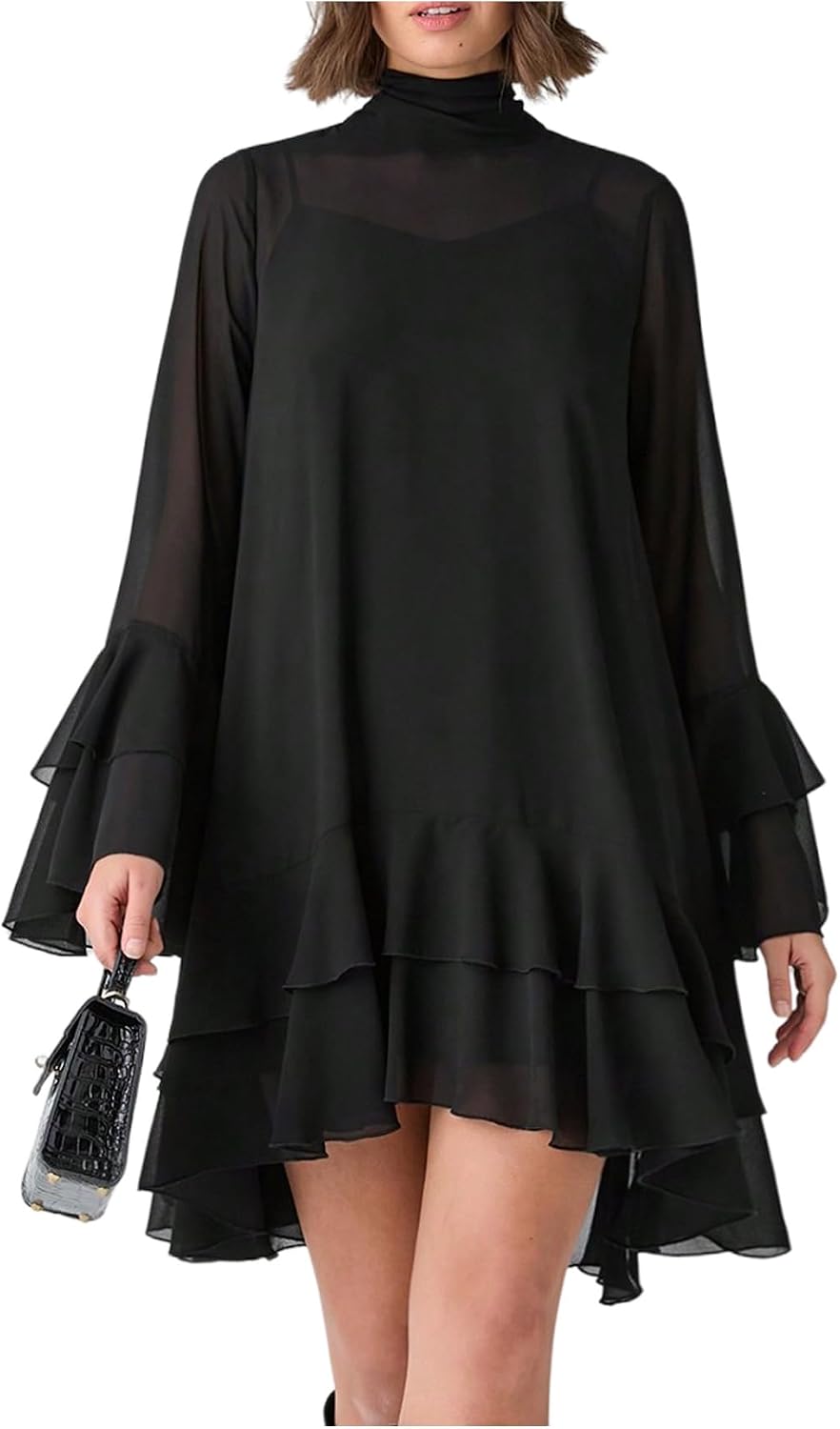 WDIRARA Women's Layered Ruffle 2 Piece Outfits Long Flounce Sleeve Chiffon Flowy Dress and Cami Set