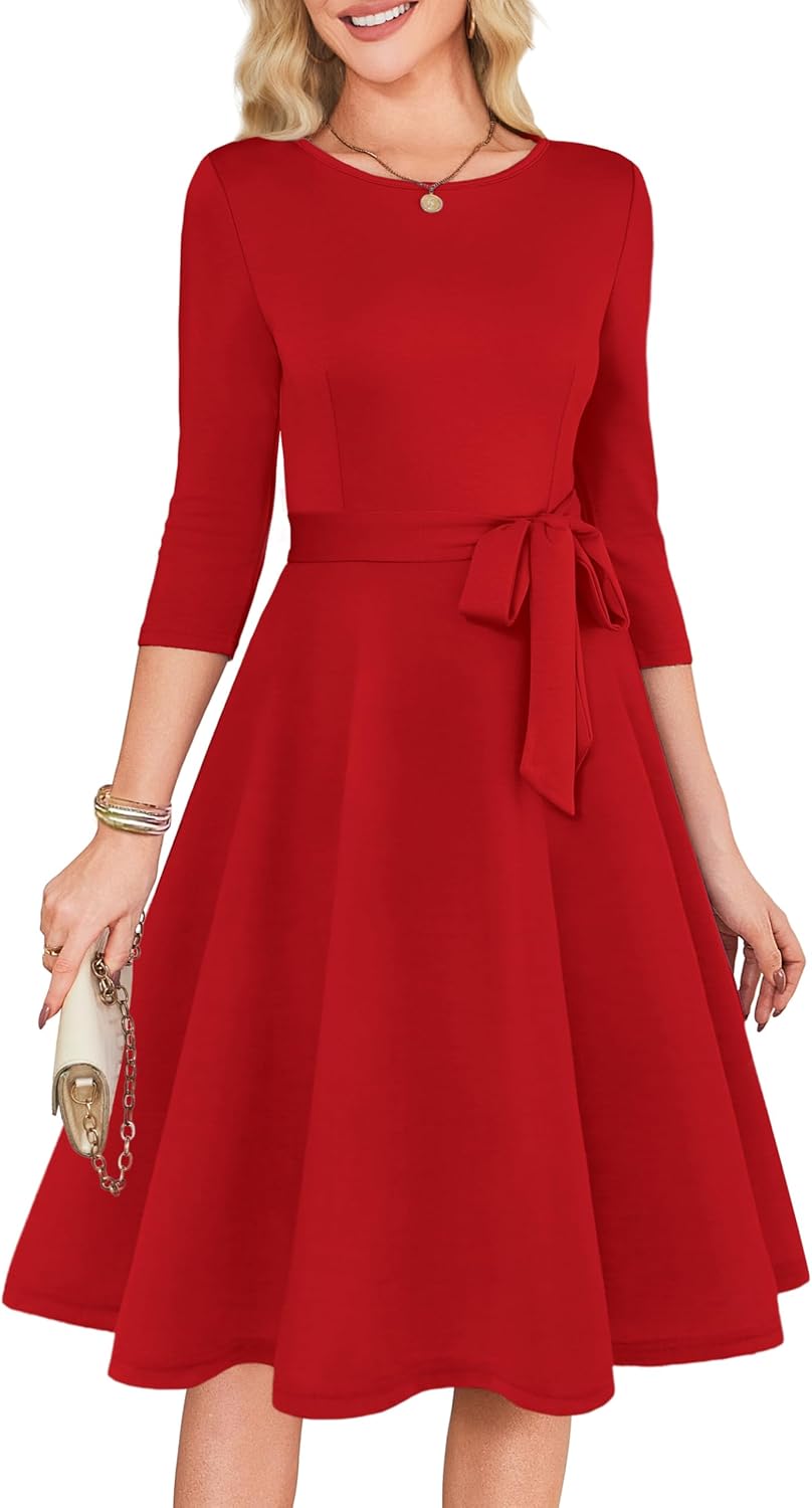 RUMIA Womens Cocktail Dresses 3\/4 Sleeve Dress with Belt (XS-3XL) | Wrinkle-resistant & Tummy-flattering Vintage Fit. Ideal for Wedding Guest, Church, Work, Vacation & Holiday events.