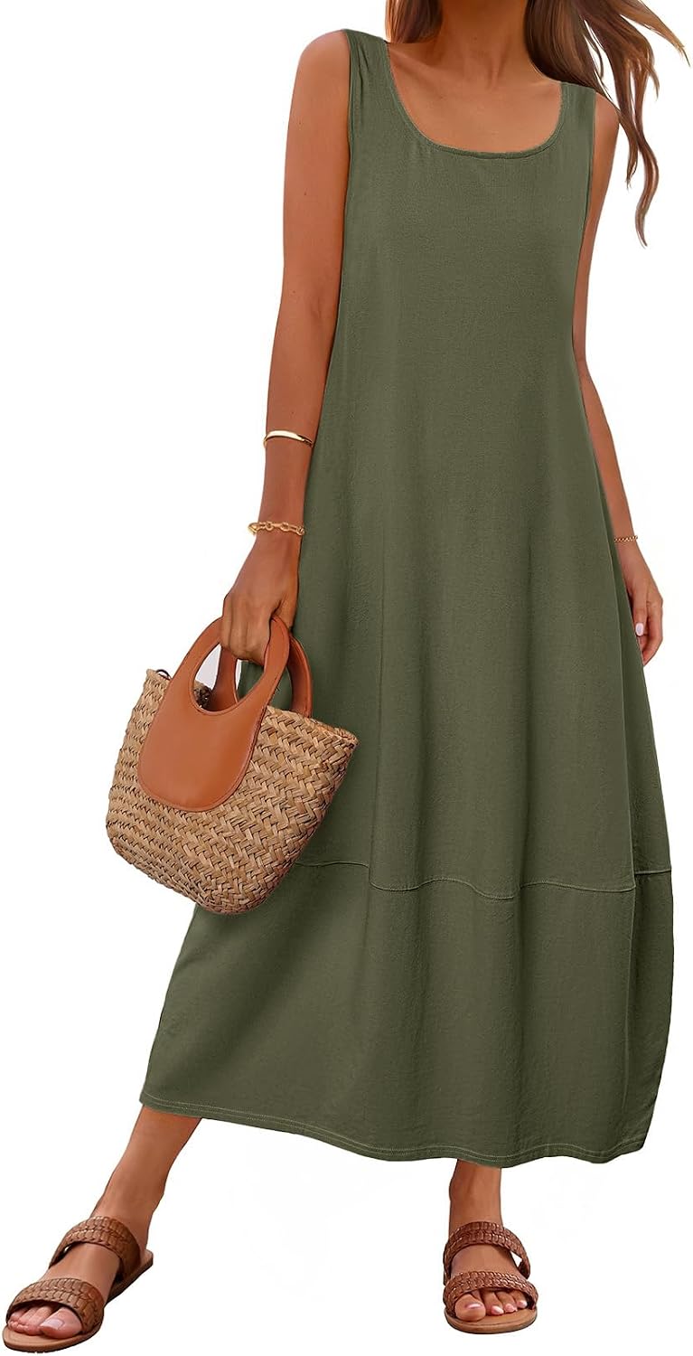 MEROKEETY Women's Summer Sleeveless Maxi Dress Beach Sundress | Casual Scoop Neck Tank Dress, Cotton, Boho Vacation, Loose Fit, Side Pockets, A-Line, Floral Long Dress, Spring Outfits