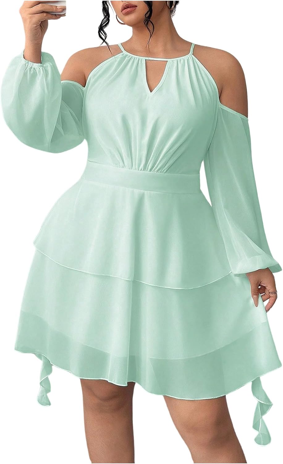 WDIRARA Women's Plus Size Cold Shoulder Layered Mesh Ruffle Short Dress | Long Lantern Sleeve, Flowy Dresses
