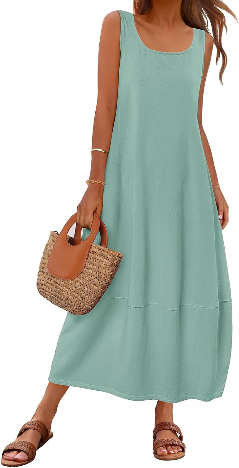 MEROKEETY Women's Summer Sleeveless Maxi Dress Beach Sundress | Casual Scoop Neck Tank Dress, Cotton, Boho Vacation, Loose Fit, Side Pockets, A-Line, Floral Long Dress, Spring Outfits