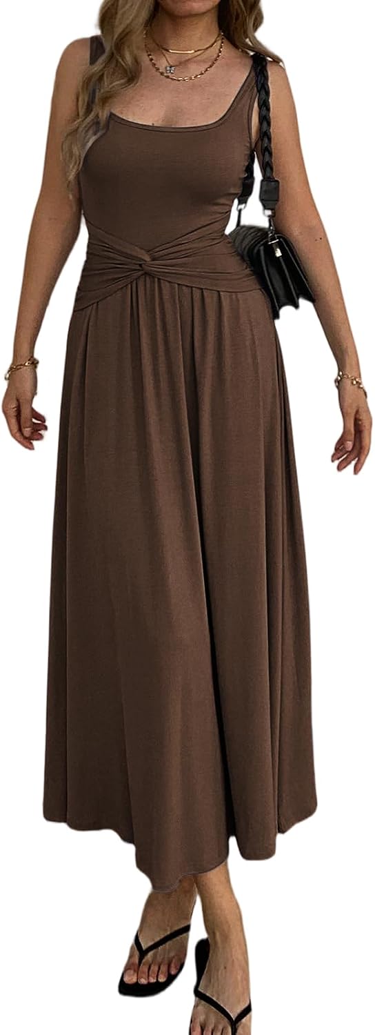 Mieazom Women's Summer Mock Knot Front Maxi Dress Sleeveless Square Neck Corset Ruched Waist Emipre Flowly Casual Dresses