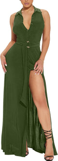 Ekaliy Women's Long Dresses Deep V Neck Cocktail Formal Party Maxi Dress | Collared V Neck Sleeveless Split Button down Belted Dress,Stretchy Bodycon Fit for Wedding Party Evening Events