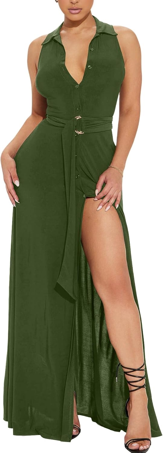 Ekaliy Women's Long Dresses Deep V Neck Cocktail Formal Party Maxi Dress | Collared V Neck Sleeveless Split Button down Belted Dress,Stretchy Bodycon Fit for Wedding Party Evening Events