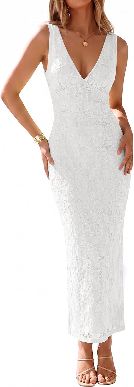 Muchpow Womens Sexy V Neck Bodycon Cocktail Lace Maxi Dress | Lined, Flattering Elegant Formal Mesh Sleeveless Wedding Guest Homecoming Party Long Dresses