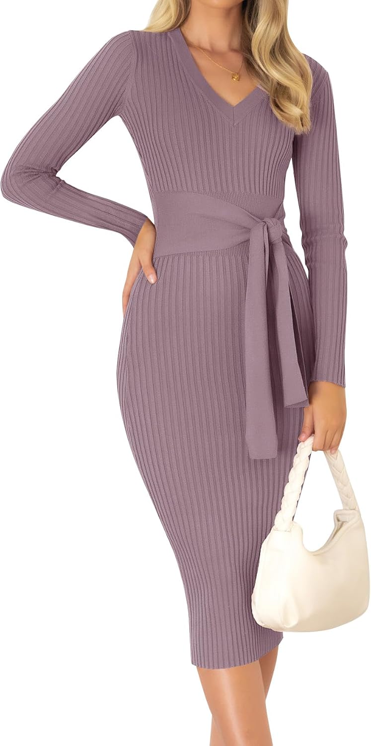 ZESICA Women's 2026 Fall Long Sleeve Bodycon Midi Sweater Dress | Winter Dresses, V Neck, Slimming, Ribbed Knit, Tie Waist, Classy, Holiday, Maternity, Elegant Wedding Guest Formal Dress