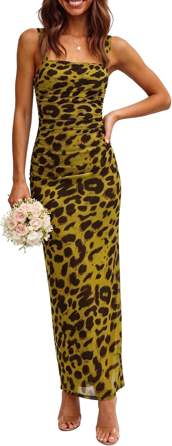 PeoKia Women's Elegant Mesh Ruched Floral Maxi Wedding Guest Dress | Square Neck,Stretch,Bodycon,Fishtail,Tank Strap,Fitted,Bridal Shower,Baby Shower,Cocktail,Party,Dinner,Vacation,Long Dress