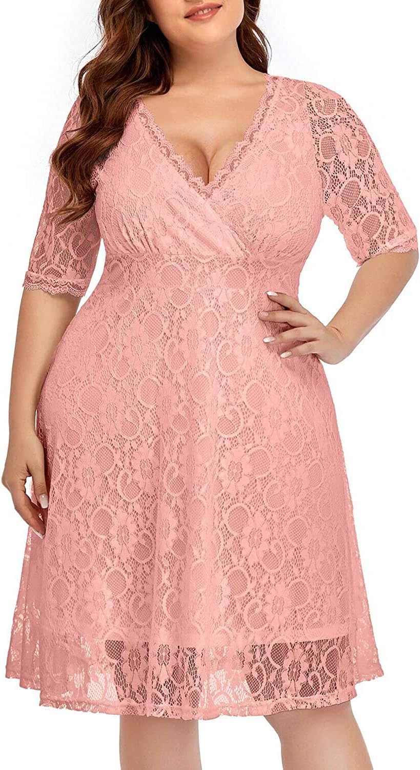 Women's Plus Size Wedding Guest Cocktail Party Semi Formal Lace Dress | Wrap v neck, knee length, half sleeves, midi swing dress, empire waist, elegant floral lace overlay, soft lined