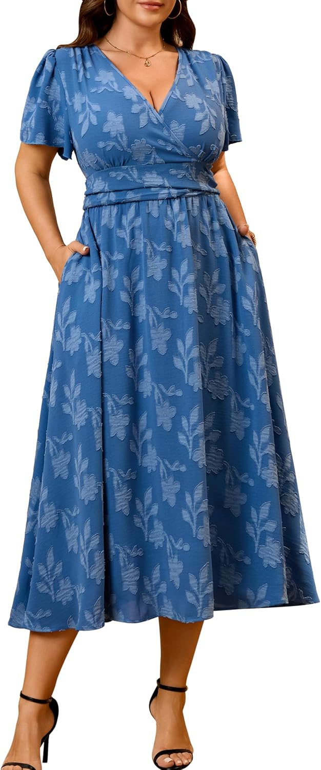 RWJ Womens Plus Size Wedding Guest Dress Summer Boho Floral Maxi Dresses | Semi Formal Evening Party Cocktail Dress with Pockets, Elegant Wrap V Neck Short Sleeve Empire Waist Spring Vacation Outfits