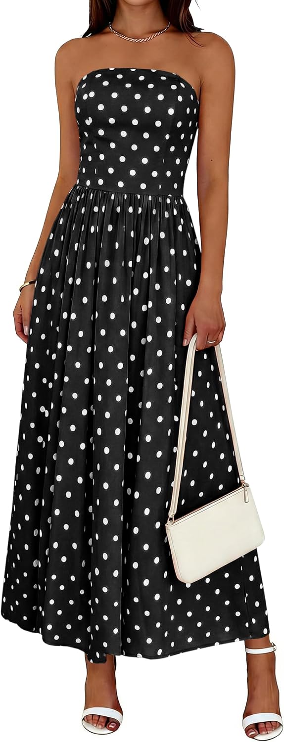 Wenrine Womens Strapless Maxi Dress Summer Polka Dot Long Tube Dresses | Polkadot, Tube Top, Sleeveless, A Line, Flowy, Fit and Flare, Beach, Vacation