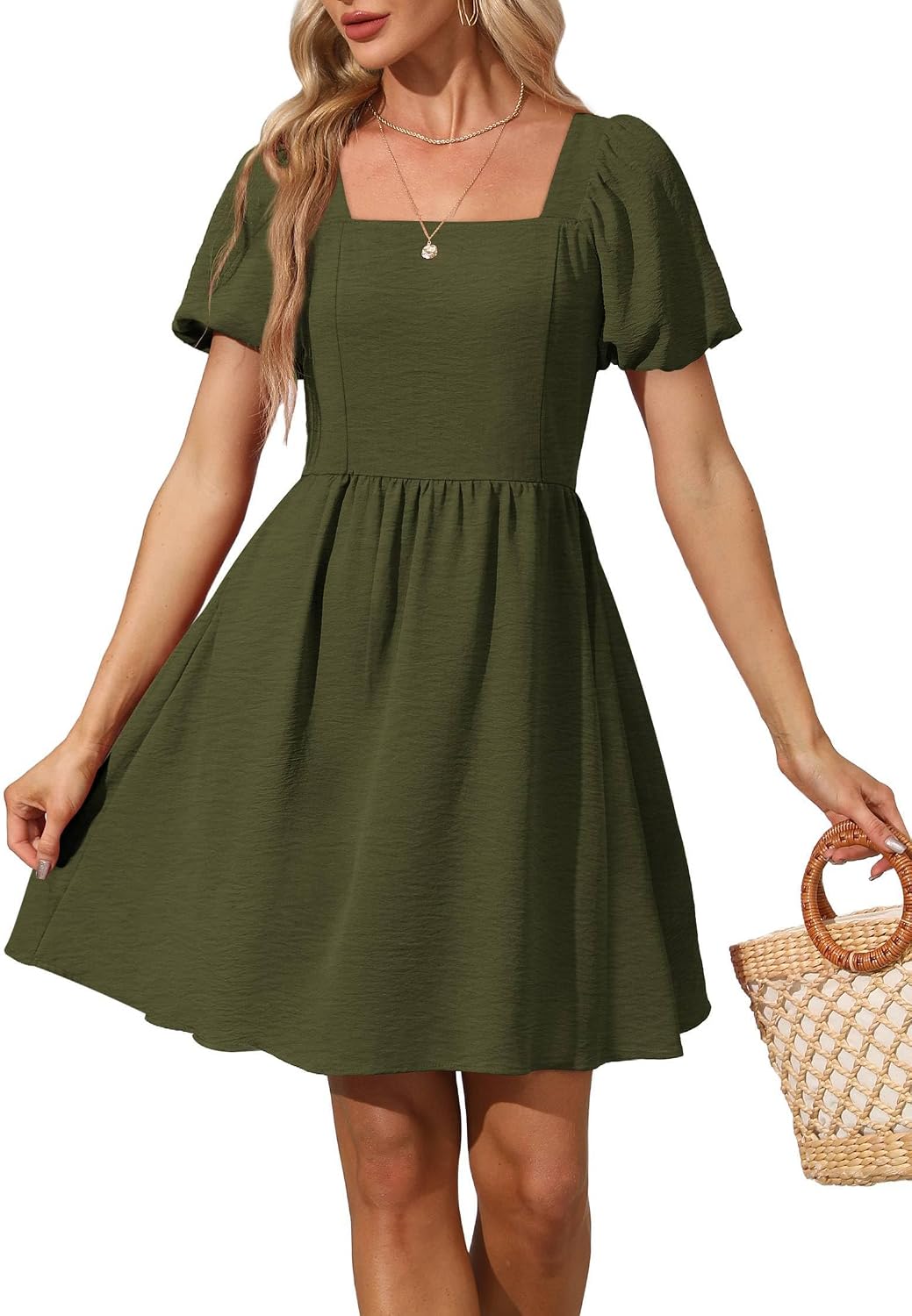 OFEEFAN Women Puff Sleeve Square Neck Tie in Back Dresses with Zipper