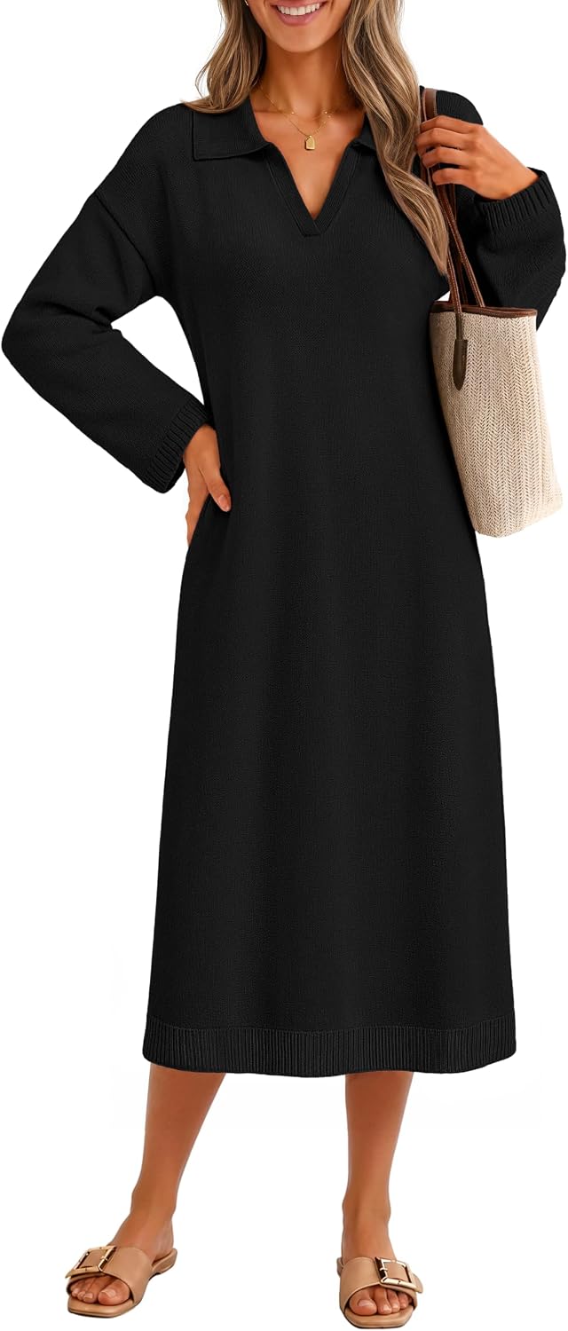 MEROKEETY Women's Fall Long Sleeve Midi Sweater Dress V Neck Knit Dresses | Loose Fit Maternity Dress, Stretchy Soft, Collared Teacher Outfit, Office Work, Daily Casual, Baby Shower, Winter Clothing