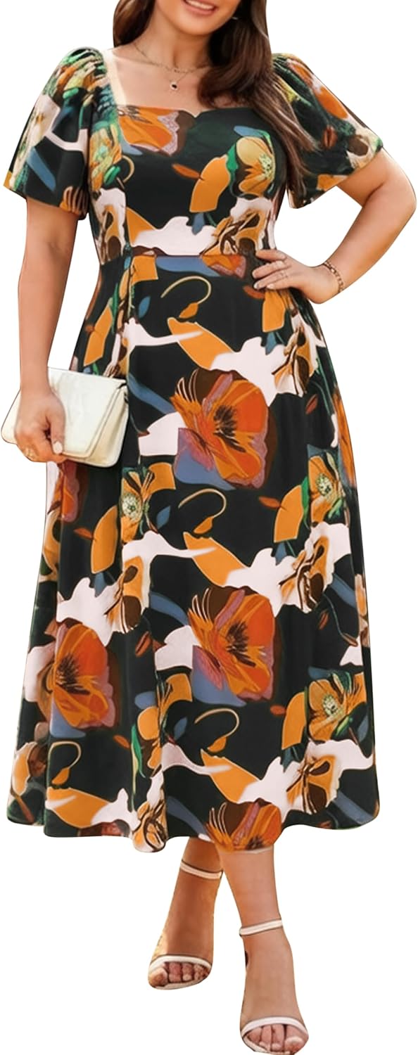 RWJ Plus Size Dresses for Women Wedding Guest Cocktail Summer Maxi Dress | Gowns Evening Party Formal Dresses, Elegant Square V Neck, Short Sleeve Off Shoulder, Pleated Empire Waist Dress with Pockets