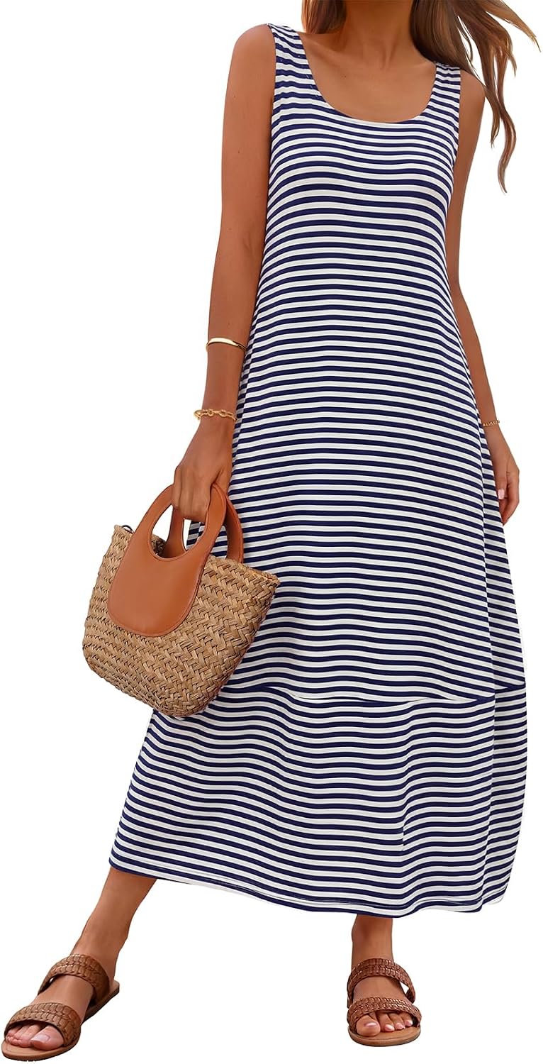 MEROKEETY Women's Summer Sleeveless Maxi Dress Beach Sundress | Casual Scoop Neck Tank Dress, Cotton, Boho Vacation, Loose Fit, Side Pockets, A-Line, Floral Long Dress, Spring Outfits