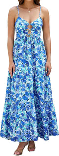 ABYOVRT Women Floral Maxi Dress Tie Front Cut Out Backless Boho Spaghetti Strap Summer Beach Sundress
