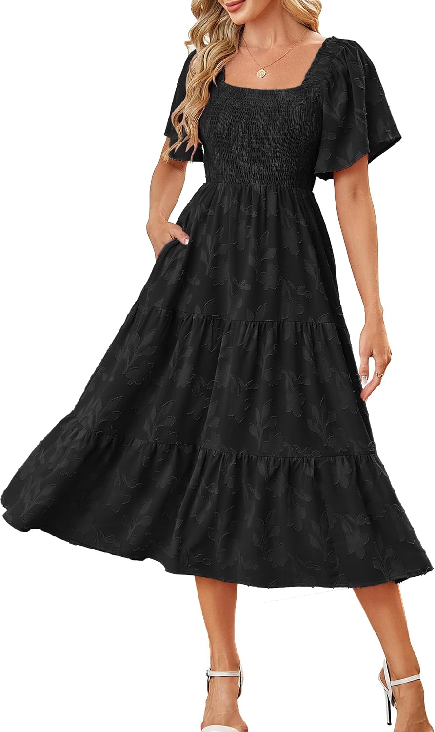 Kikibell Women Boho Maxi Dresses Summer Short Sleeve Square Neck Smocked Flowy Midi Casual Beach Party Dress with Pockets