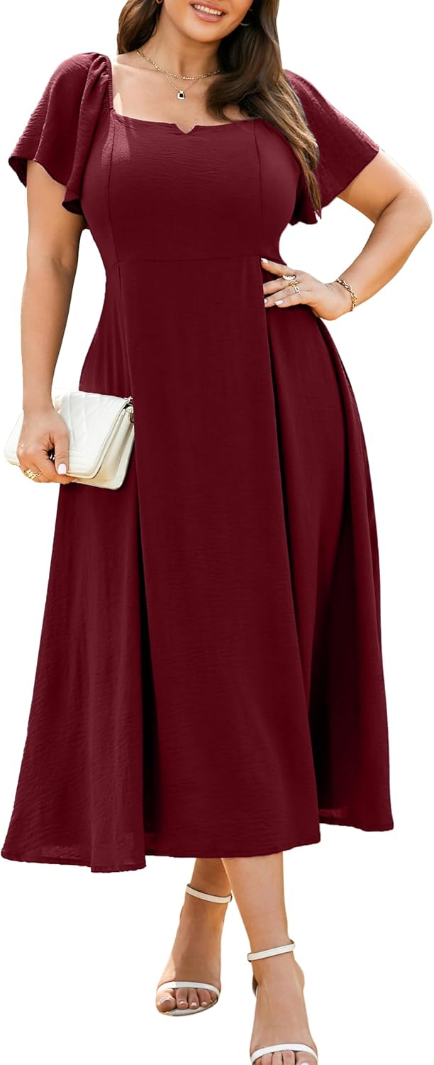 RWJ Plus Size Dresses for Women Wedding Guest Cocktail Summer Maxi Dress | Gowns Evening Party Formal Dresses, Elegant Square V Neck, Short Sleeve Off Shoulder, Pleated Empire Waist Dress with Pockets