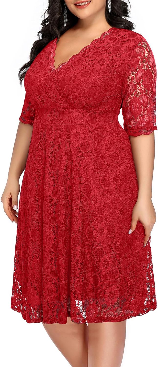 Women's Plus Size Wedding Guest Cocktail Party Semi Formal Lace Dress | Wrap v neck, knee length, half sleeves, midi swing dress, empire waist, elegant floral lace overlay, soft lined