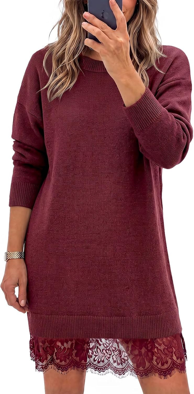 Wenrine Womens Fall Long Sleeve Lace Casual Knit Sweater Mini Dress | Paisley Print, Long Sleeve, Crew Neck, Knit, Loose Fit, Patchwork, High Waist, Quiet Luxury, Short Dress, Casual, Mini