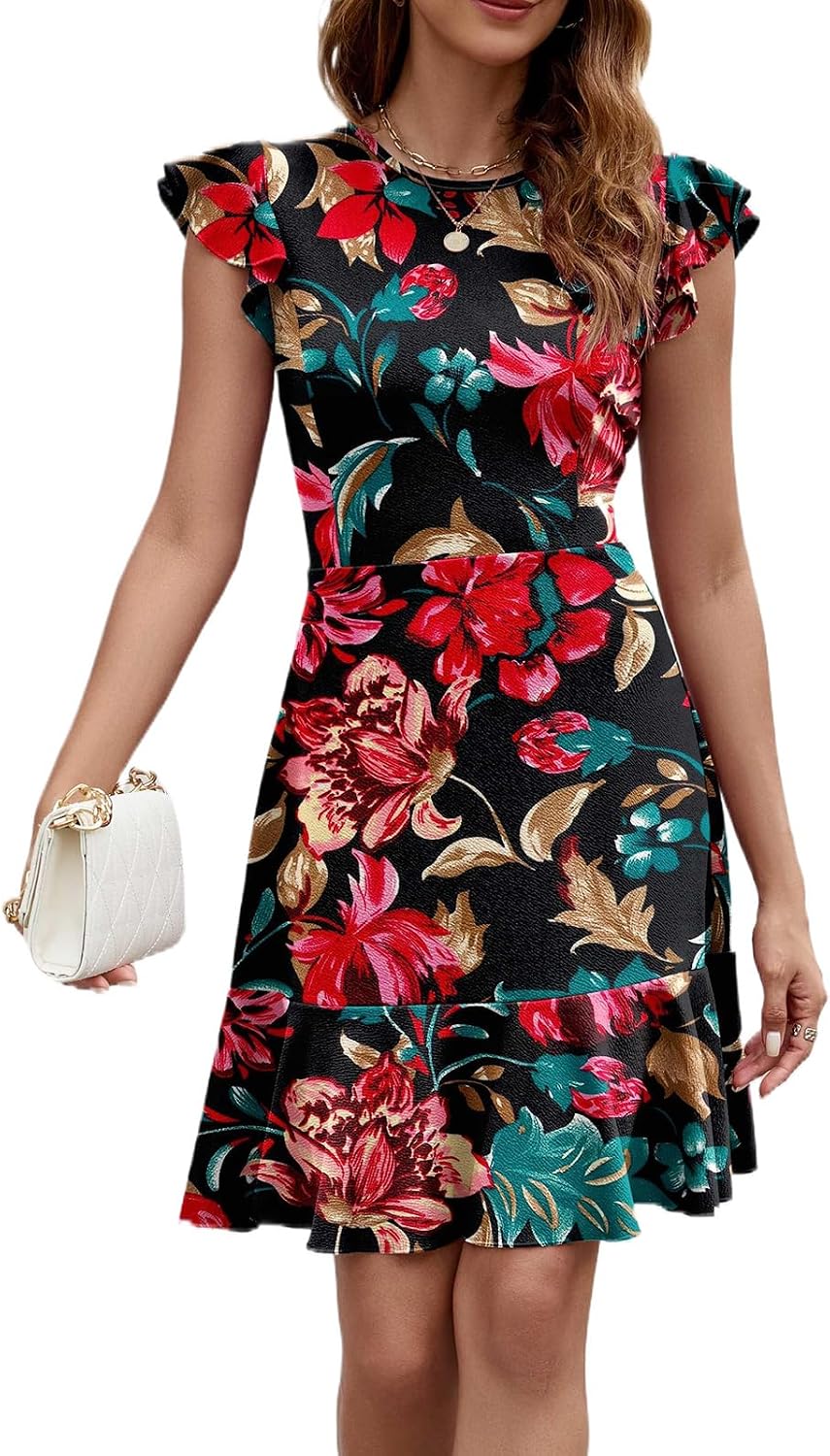 HELYO Women's Summer Elegant Cocktail Club Dress Ruffle Hem Short Flutter Sleeve Flowy Wedding A-Line Casual Dresses 619