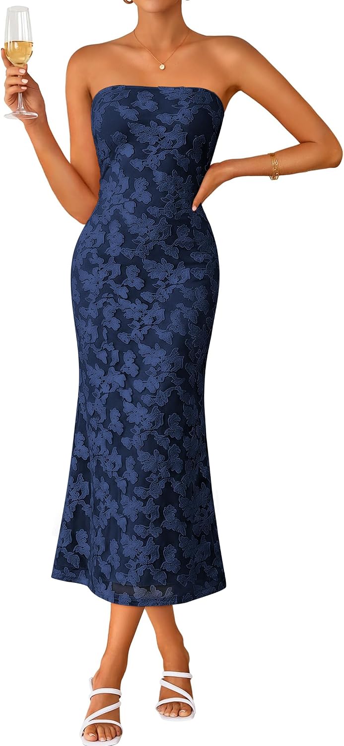 IWD Women's Strapless Floral Bodycon Dress Cocktail Wedding Guest Dresses | Bodycon Tube Floral Midi Dress, Formal Wedding Guest Cocktail Party Dress, 2026 Summer Dresses for Baby Shower & Bridesmaid