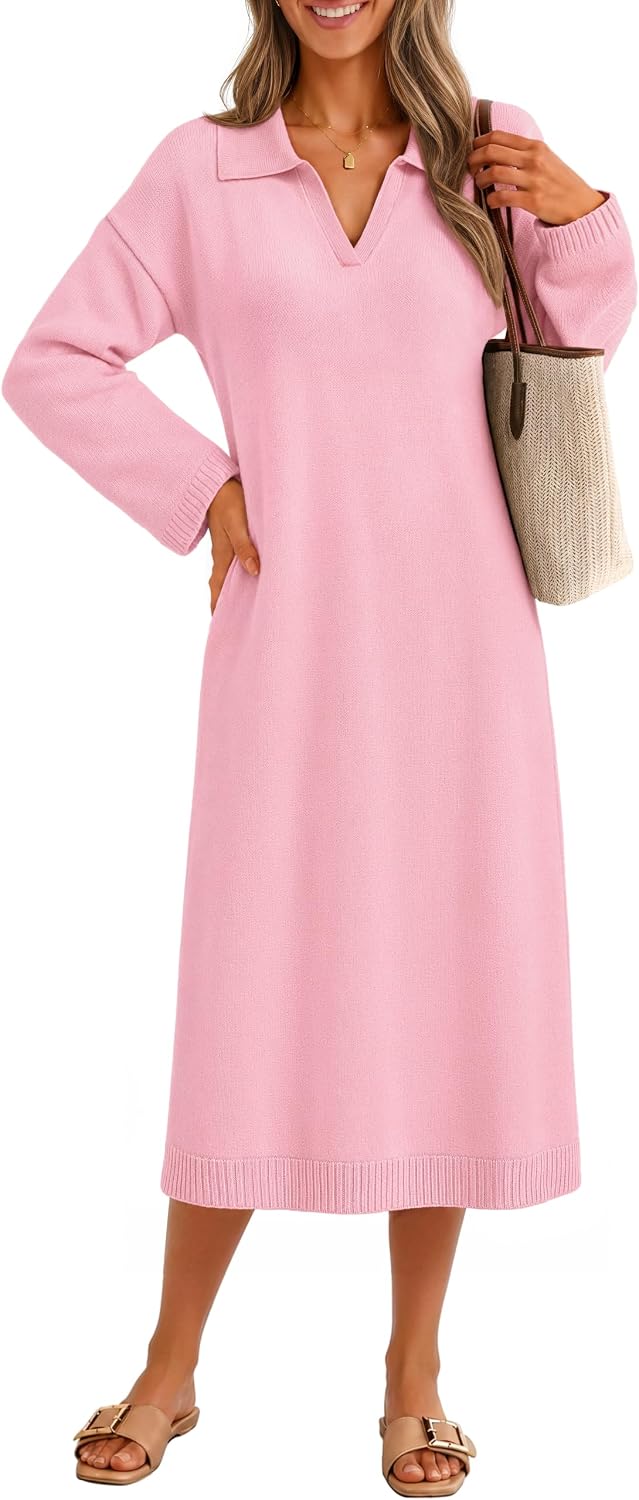 MEROKEETY Women's Fall Long Sleeve Midi Sweater Dress V Neck Knit Dresses | Loose Fit Maternity Dress, Stretchy Soft, Collared Teacher Outfit, Office Work, Daily Casual, Baby Shower, Winter Clothing
