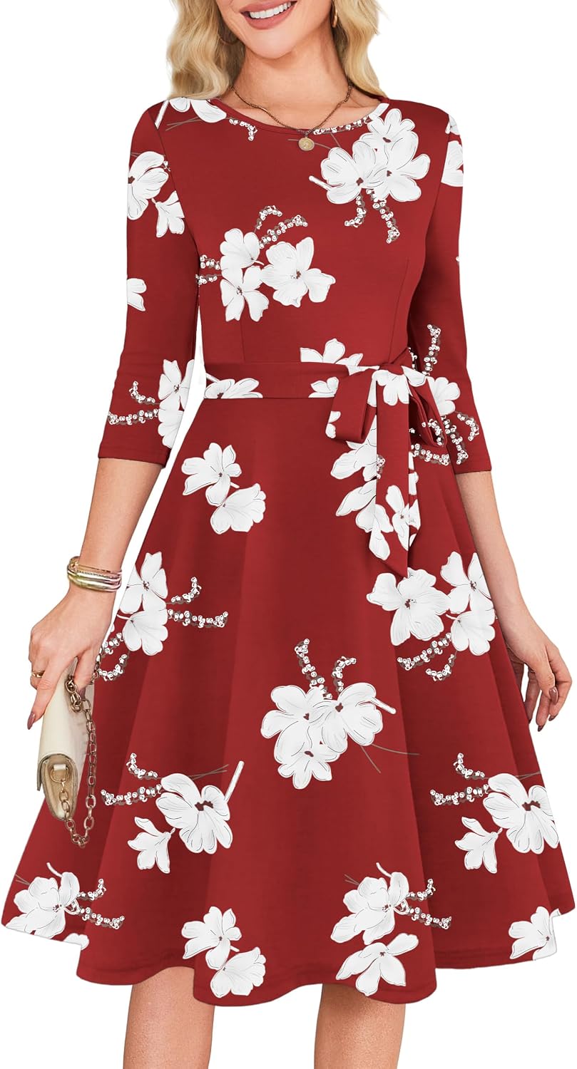 RUMIA Womens Cocktail Dresses 3\/4 Sleeve Dress with Belt (XS-3XL) | Wrinkle-resistant & Tummy-flattering Vintage Fit. Ideal for Wedding Guest, Church, Work, Vacation & Holiday events.