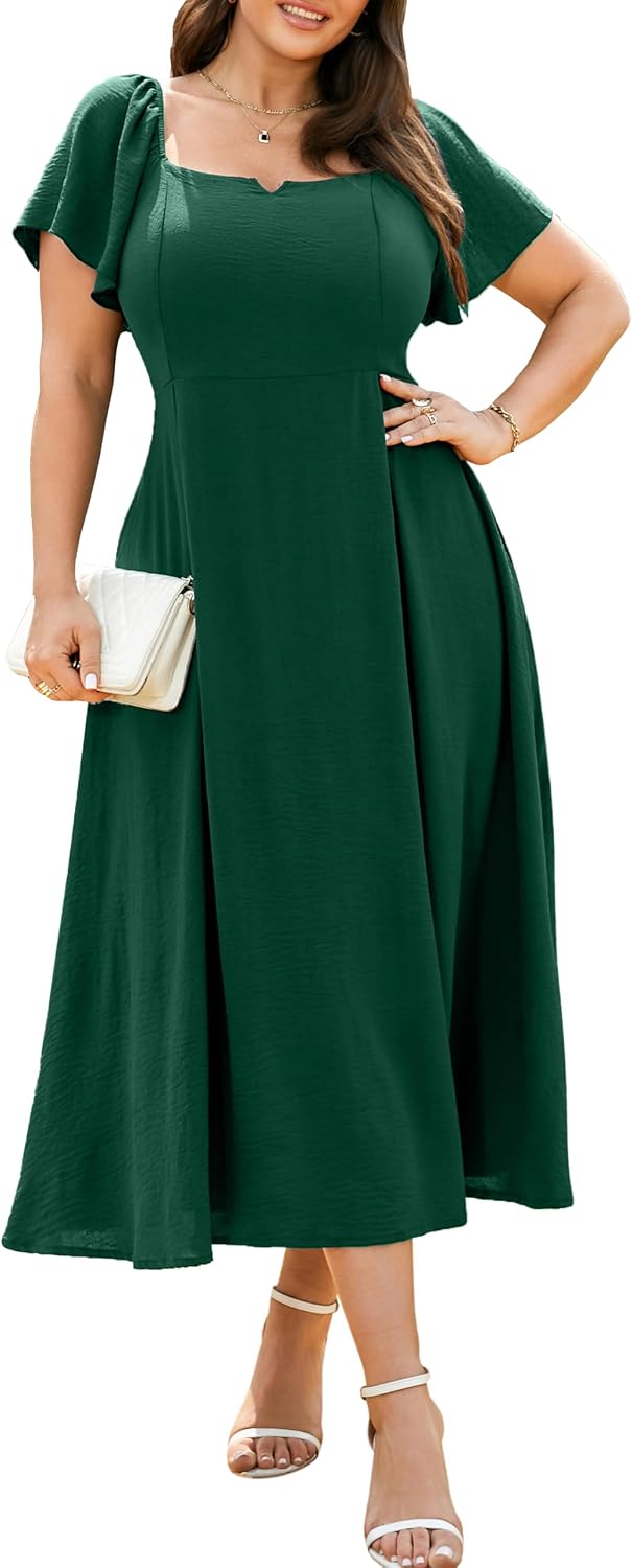 RWJ Plus Size Dresses for Women Wedding Guest Cocktail Summer Maxi Dress | Gowns Evening Party Formal Dresses, Elegant Square V Neck, Short Sleeve Off Shoulder, Pleated Empire Waist Dress with Pockets