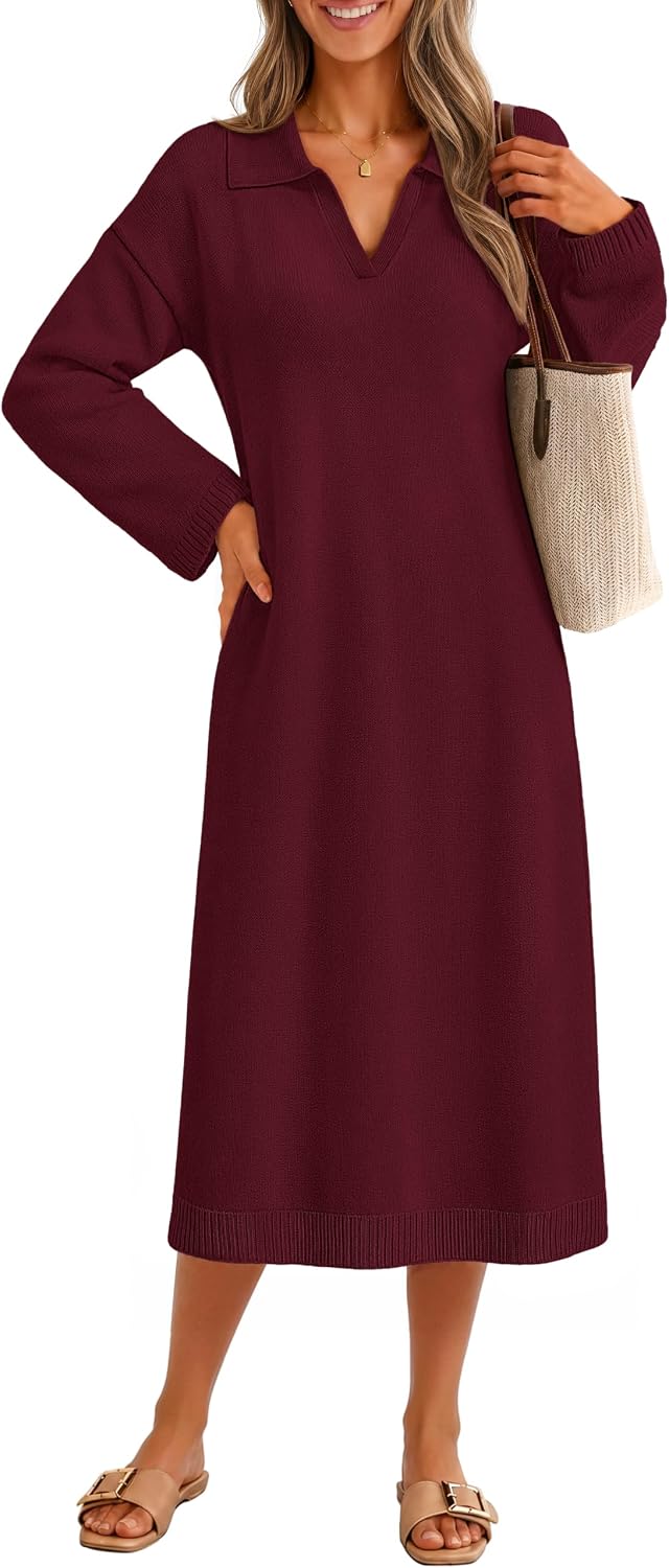 MEROKEETY Women's Fall Long Sleeve Midi Sweater Dress V Neck Knit Dresses | Loose Fit Maternity Dress, Stretchy Soft, Collared Teacher Outfit, Office Work, Daily Casual, Baby Shower, Winter Clothing