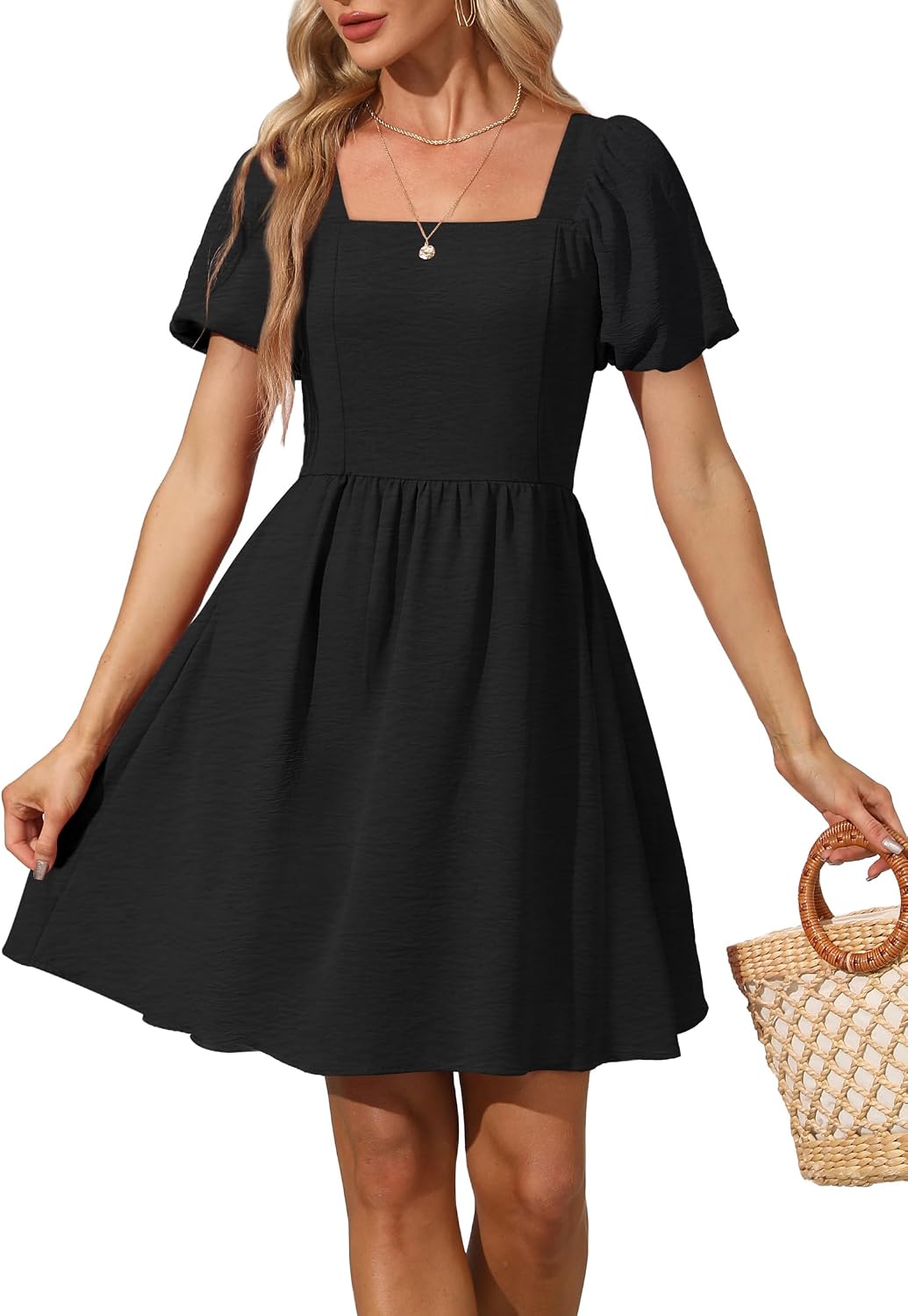 OFEEFAN Women Puff Sleeve Square Neck Tie in Back Dresses with Zipper