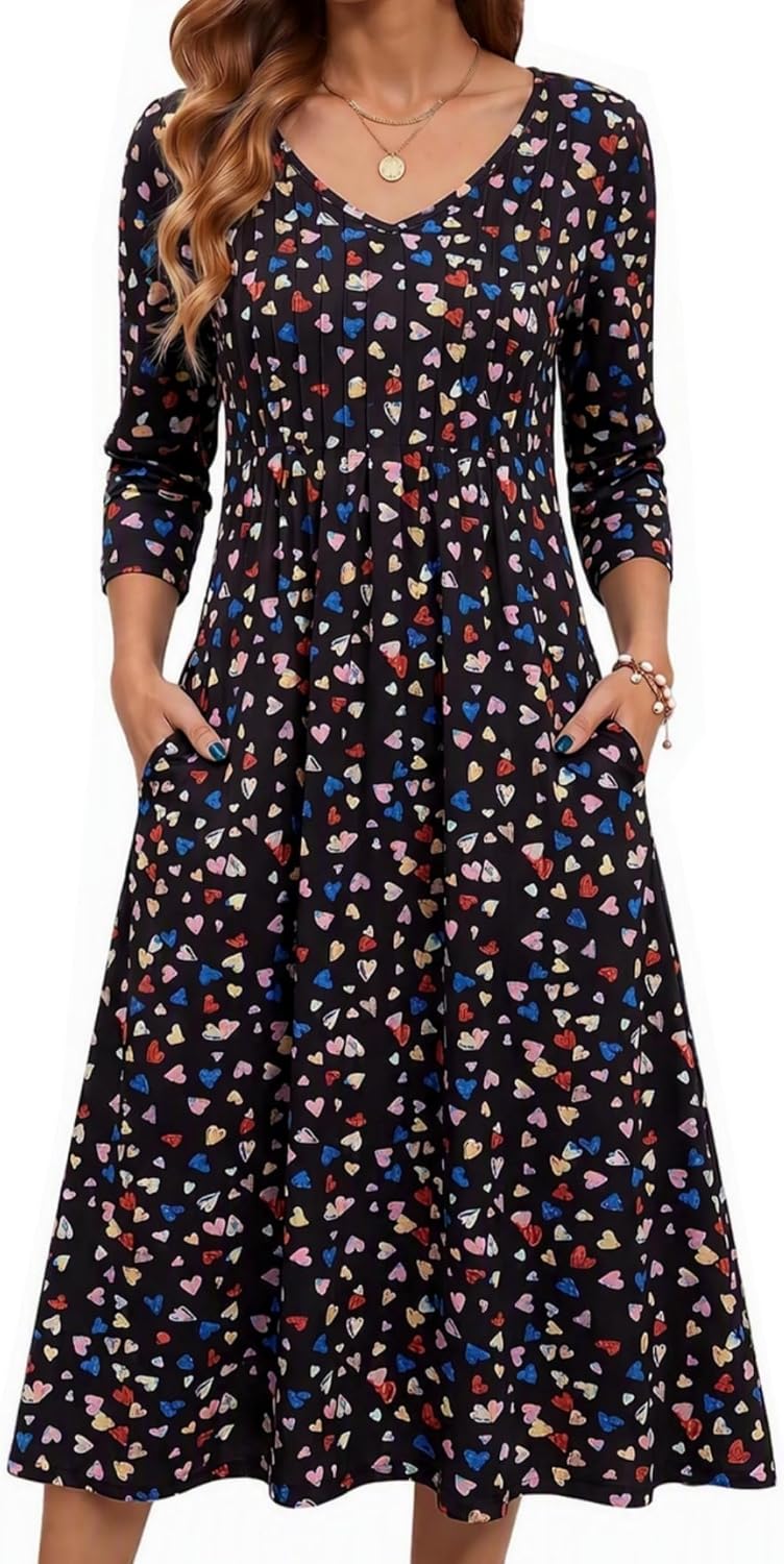 Zeagoo 3\/4 Sleeve Women's Dress Pleated Midi Casual Dresses with Pockets | For A More Flattering Fit, We Recommend Choosing One Size Smaller And Pairing It With Your Own Belt For Decoration.