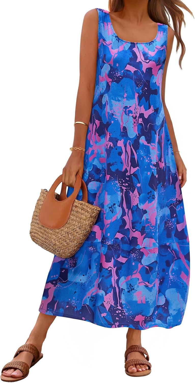 MEROKEETY Women's Summer Sleeveless Maxi Dress Beach Sundress | Casual Scoop Neck Tank Dress, Cotton, Boho Vacation, Loose Fit, Side Pockets, A-Line, Floral Long Dress, Spring Outfits