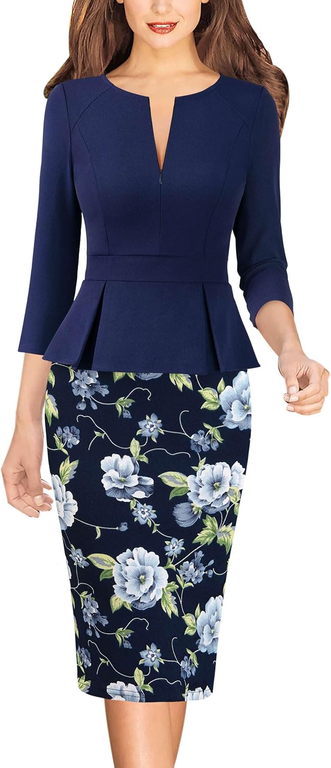 VFSHOW Womens Work Business Office Front Zipper Peplum Church Sheath Dress | 3\/4 Sleeves, Elegant, Spring Fall, Church, Funeral, Slimming Fitted Bodycon Dresses