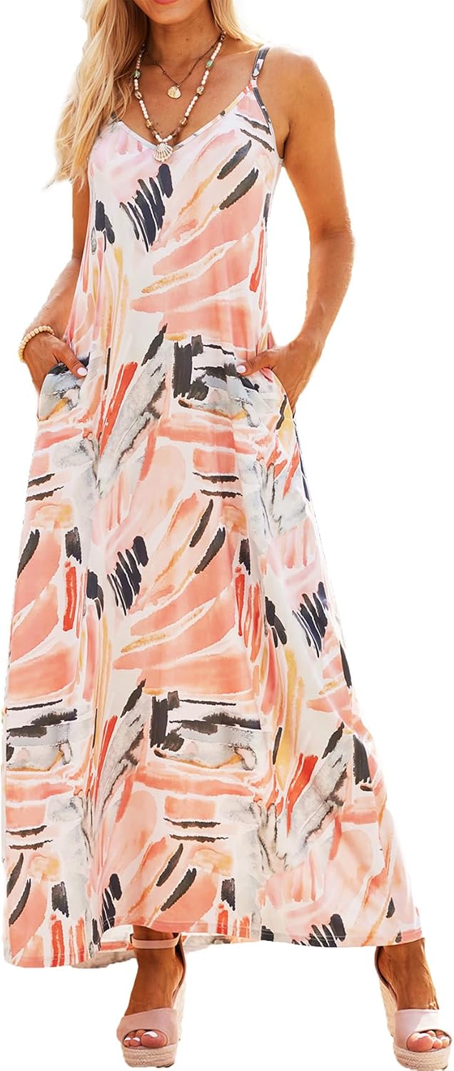 Supnier Women's Summer Spaghetti Strap V-Neck Bohemian Long Maxi Dress | Casual Loose Sleeveless Flowy Floral Long Maxi Dress with Pockets Beach Vacation Sundress
