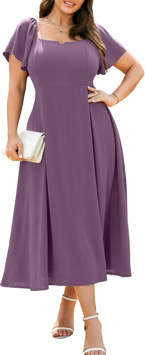 RWJ Plus Size Dresses for Women Wedding Guest Cocktail Summer Maxi Dress | Gowns Evening Party Formal Dresses, Elegant Square V Neck, Short Sleeve Off Shoulder, Pleated Empire Waist Dress with Pockets