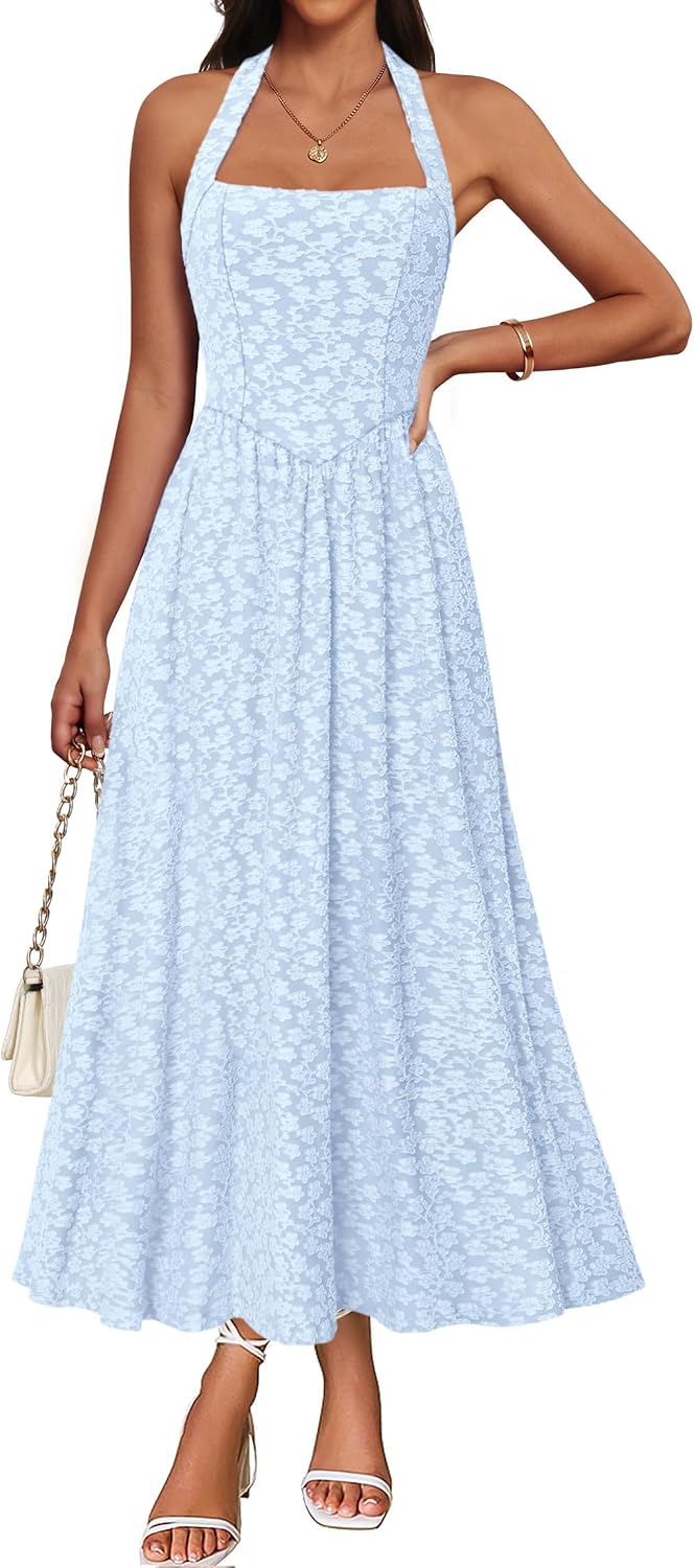 IWD Backless Dress for Women with Jacquard for Summer | Flowy A Line, Floral Textured, Adjustable Halter, Fitted High Waist Sleeveless, Casual Formal Cocktail, Side Pockets