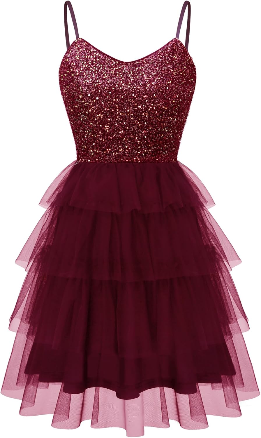 Dressystar 2026 Women's Sequin Prom Mini Homecoming Dresses for Teens | Backless Tiered Tulle, Short A Line Glitter, Sparkly Hoco Cocktail Dress for Women, Adjustable Spaghetti Strap, Formal Party