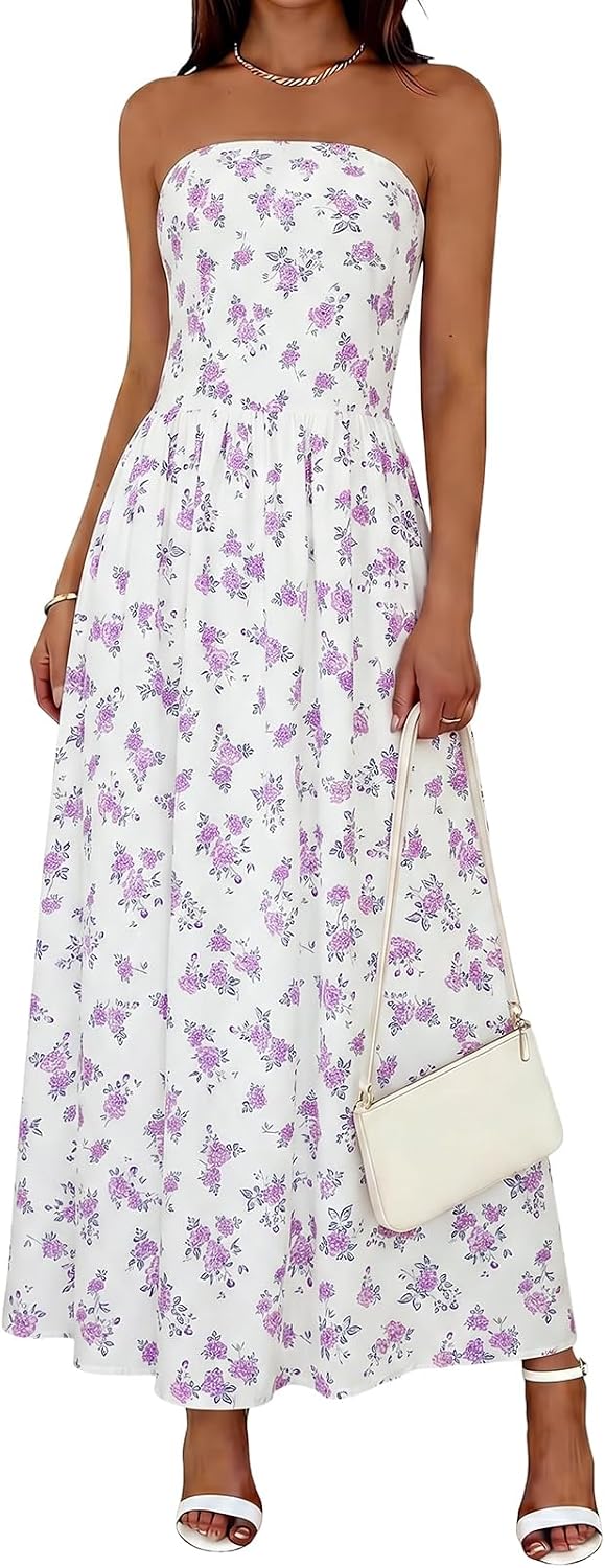 Wenrine Womens Strapless Maxi Dress Summer Polka Dot Long Tube Dresses | Polkadot, Tube Top, Sleeveless, A Line, Flowy, Fit and Flare, Beach, Vacation