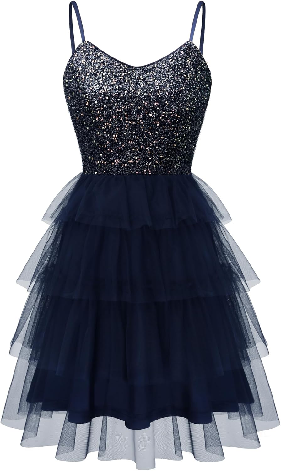 Dressystar 2026 Women's Sequin Prom Mini Homecoming Dresses for Teens | Backless Tiered Tulle, Short A Line Glitter, Sparkly Hoco Cocktail Dress for Women, Adjustable Spaghetti Strap, Formal Party