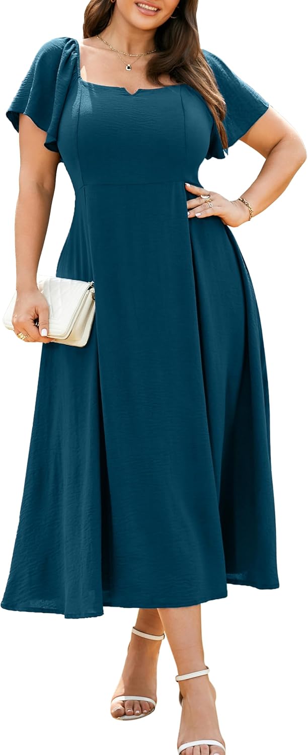 RWJ Plus Size Dresses for Women Wedding Guest Cocktail Summer Maxi Dress | Gowns Evening Party Formal Dresses, Elegant Square V Neck, Short Sleeve Off Shoulder, Pleated Empire Waist Dress with Pockets