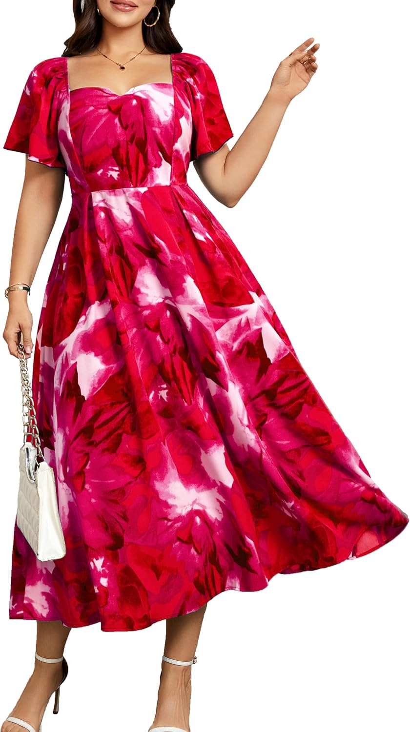 RWJ Plus Size Dresses for Women Wedding Guest Cocktail Summer Maxi Dress | Gowns Evening Party Formal Dresses, Elegant Square V Neck, Short Sleeve Off Shoulder, Pleated Empire Waist Dress with Pockets